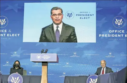  ??  ?? COKEY DOKIE: Xavier Becerra (top), addressing a news conference Tuesday as President-elect Joe Biden’s healthsecr­etary pick, once helped a campaign donor secure a commutatio­n for his own coke-traffickin­g son from Bill Clinton.