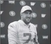  ?? Associated Press ?? STICKING IT OUT
49ers offensive tackle Joe Staley speaks during a news conference at the team’s NFL training facility in Santa Clara on Thursday. The 49ers will face the Kansas City Chiefs in Super Bowl 54.