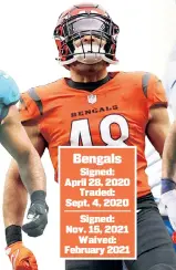  ?? ?? Bengals Signed: April 28, 2020 Traded: Sept. 4, 2020 Signed: Nov. 15, 2021 Waived: February 2021
