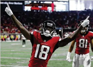  ?? CURTIS COMPTON/CCOMPTON@AJC.COM ?? Atlanta wide receiver Calvin Ridley reacts to catching his second touchdown pass from Matt Ryan to give the Falcons a 14-13 lead over the New Orleans Saints in a Sept. 23 game. It was Ridley’s coming-out party as he turned seven catches into 146 yards and three touchdowns.