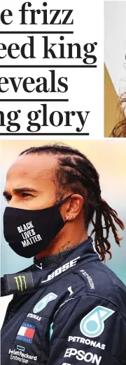  ??  ?? Cornrows no more: Driving champion Lewis Hamilton with his usual do, left, and after letting his hair loose