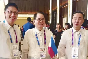  ??  ?? POC president Ricky Vargas (middle) with chairman Rep. Bambol Tolentino (right) and secretary-general Patrick Gregorio.