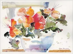  ??  ?? Eileen Romaker, Hibiscus Joy, watercolou­r, 9.5 by 13.5 inches. Private collection.