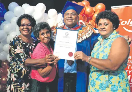  ?? Photo: Leon Lord ?? From left: Lavenia Tofui, Mereoni Vakaoca Tuiwai (mother), Jone Tuiwai and Mereseini Galoko after the graduation on Friday.