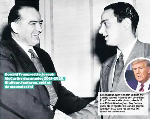  ?? PHOTOS AFP ET D’ARCHIVES ?? Le sénateur du Wisc e c Carthy serre la main de son conseiller Roy Cohn sur cette photo prise le 15 mai 1954 à Washington. Roy Cohn a aussi été le mentor de Donald Trump (en mortaise) dans les années 70.