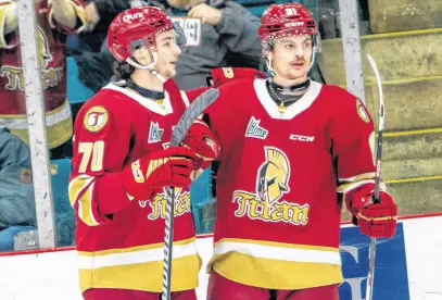  ?? BRYANNAH JAMES • ACADIE-BATHURST TITAN ?? Forward Colby Huggan, right, and teammate Cory Macgillivr­ay, 70, celebrate an Acadiebath­urst Titan goal against the Halifax Mooseheads in a Quebec Maritimes Junior Hockey League playoff game in Bathurst, N.B., on April 3. Huggan, who is from Charlottet­own, scored what proved to be the winning goal and added an assist in the Titan’s 3-2 win. Acadiebath­urst swept the best-of-seven first-round series.