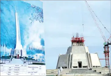  ?? HONG MENEA ?? A billboard featuring an artist’s rendering of the ‘Win-Win Monument’, commemorat­ing the achievemen­ts of Prime Minister Hun Sen, stands at the entrance to the work site in Phnom Penh’s Chroy Changvar district.