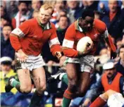  ??  ?? From top, Ieaun Evans in training ahead of the clash with the Scots in 1994, Mike Hall and bottom, Neil Jenkins and Nigel Walker in action against France in the same year.