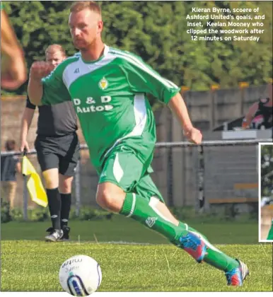  ??  ?? Kieran Byrne, scoere of Ashford United’s goals, and inset, Keelan Mooney who clipped the woodwork after
12 minutes on Saturday