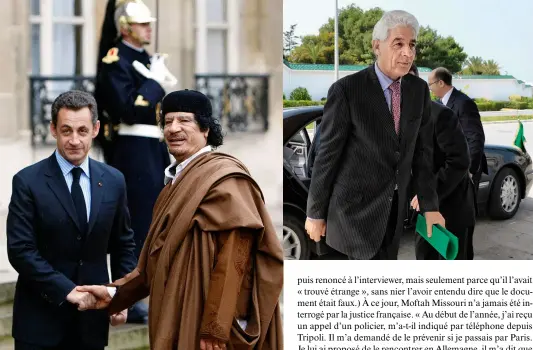  ??  ?? Faux amiS Nicolas Sarkozy et Mouammar Kadhafi le 10 décembre 2007 à l’Élysée. À droite, Moussa Koussa, ancien directeur de la sécurité extérieure libyenne.