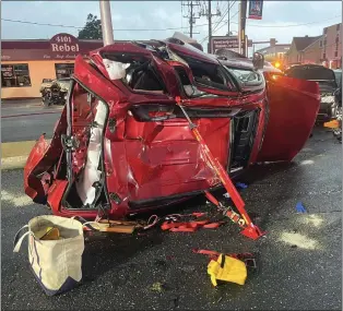  ?? PHOTOS COURTESY OF BROOKHAVEN FIRE COMPANY ?? One of the wrecked vehicles Sunday evening in Brookhaven.