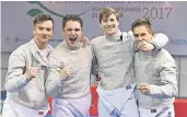  ?? FOTO: A. BIZZI ?? Jubeln über Bronze bei der Junioren-WM: die deutschen Säbelfecht­er Frederic Kindler, Lorenz Kempf, Luis und Raoul Bonah (v.l.).