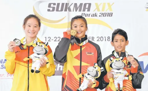  ??  ?? BERPOTENSI BESAR: Gambar fail Kimberly Bong (tengah) di atas podium bersama Eilisha (kanan) selepas memenangi pingat emas dalam acara platform individu wanita.