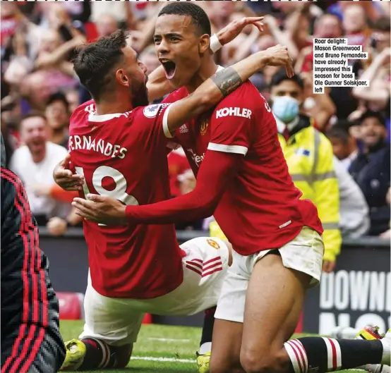  ??  ?? Roar delight: Mason Greenwood and Bruno Fernandes have already impressed this season for boss Ole Gunnar Solskjaer, left