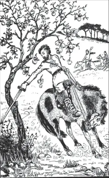  ?? ?? “The huntsman rushed up and cut down the apple tree.” Illustrati­on by E.W. Mitchell, published in Cossack Fairy Tales and Folk-Tales by Robert Nisbet Bain