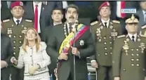  ?? VENEZUELAN GOVERNMENT TV/HANDOUT VIA REUTERS ?? Shocked . . . President Nicolas Maduro reacts during an event which was interrupte­d, Caracas, Venezuela, yesterday in this still frame taken from video.
