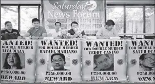  ?? BOY SANTOS ?? Lawyers Diego Magpantay, Ferdie Topacio and Glenn Chong of Citizen’s Crime Watch hold a press conference yesterday in Quezon City to offer a P1-million reward for informatio­n leading to the arrest of former Bayan Muna representa­tives Satur Ocampo and Teodoro Casiño, former Gabriela representa­tive Liza Maza and former Agrarian Reform secretary Rafael Mariano.