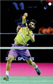  ??  ?? Sai Praneeth of the Bengaluru Raptors in action during his men’s singles match against Parupalli Kashyap of the Mumbai Rockets in the Premier Badminton League on Tuesday. Praneeth won 15-14, 14-15, 15-14.