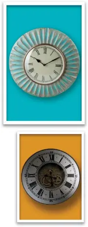  ??  ?? Clockwise from top: Nura Anitque Wall Clock, ` 2,490, Fabindia; Golden Record Wall Clock, ` 3,980, Tranceform­e; Nomon Delmori Wall Clock, ` 1,21,000, IDUS; Oxford Clock, ` 15,055, Address Home; Garden Flamingo Wall Clock, `1,495, Chumbak