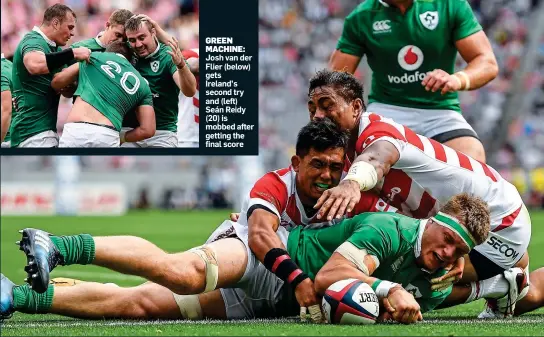  ??  ?? GREEN MACHINE: Josh van der Flier (below) gets Ireland’s second try and (left) Seán Reidy (20) is mobbed after getting the final score