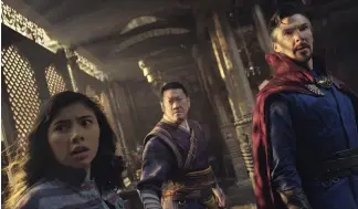  ?? ?? This image released by Marvel Studios shows, from left, Xochitl Gomez as America Chavez, Benedict Wong as Wong, and Benedict Cumberbatc­h as Dr. Stephen Strange.