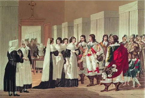  ?? ?? Rencontre entre Louis XIII et Louise Motier de La Fayette (1618-1665) à l’Hôtel-Dieu, de Hippolyte Lecomte (1781-1857). À partir de 1635, et jusqu’à son départ au couvent en 1637, elle fut la chaste favorite du souverain.