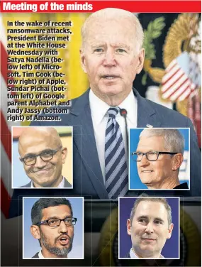  ??  ?? In the wake of recent ransomware attacks,
President Biden met at the White House Wednesday with Satya Nadella (below left) of Microsoft, Tim Cook (below right) of Apple, Sundar Pichai (bottom left) of Google parent Alphabet and Andy Jassy (bottom right) of Amazon.