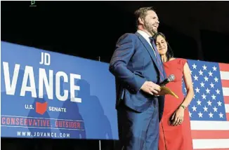 ?? Picture: GAELEN MORSE/REUTERS ?? VICTORY FOR VANCE: Republican JD Vance arrives to speak to supporters next to his wife, Usha Vance, at an election party after winning the primary in Cincinnati, Ohio, in the US on Tuesday