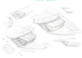  ??  ?? Olesinksi’s sketches show the evolution of the glazing around the forward end of the main deck