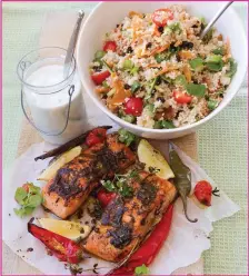  ??  ?? Blackened Salmon Cous Cous and Yoghurt.