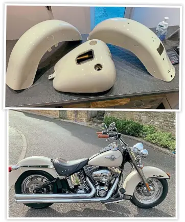  ??  ?? Powder-coated vanilla cream on a Harley-Davidson’s bodywork