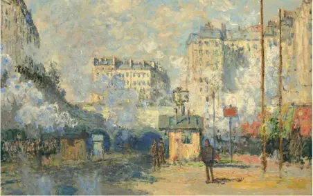  ??  ?? Derecha: Extérieur de la gare SaintLazar­e, effet de soleil, 1877, de Claude Monet; arriba: Peggy y David Rockefelle­r el 13 de mayo de 1973 en la recepción de la residencia Annenberg.