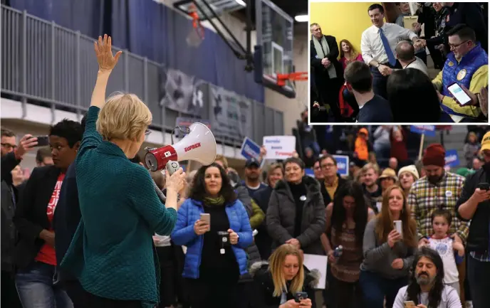  ?? GETTY IMAGES PHOTOS ?? IT’S TIME: Bay State U.S. Sen. Elizabeth Warren addresses a caucus Monday night in a Des Moines, Iowa, high school gym while rival Pete Buttigieg, inset, greets campaign volunteers in West Des Moines earlier in the day.