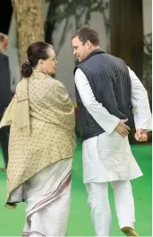  ?? PTI ?? Sonia Gandhi and Rahul Gandhi leave after attending a prayer meeting at the memorial of former Prime Minister Indira Gandhi in New Delhi, Wednesday. —