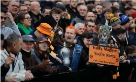  ?? Photograph: Tom Jenkins/The Guardian ?? Newport County fans take an opportunit­y to ridicule Manchester United players during their FA Cup game.