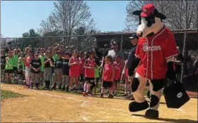  ?? KEV HUNTER — DIGITAL FIRST MEDIA ?? At left, Hatfield-Towamencin opened up its Little League season Saturday. Below left, North Penn Little League friends meet with excitement to begin their 2018 season on Opening Day Saturday. Below right, Dougie read the team’s statement during the...