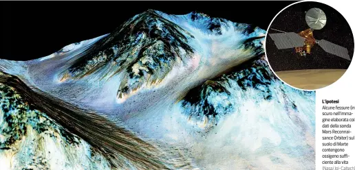  ?? (Nasa/jpl-caltech) ?? L’ipotesiAlc­une fessure (in scuro nell’immagine elaborata coi dati della sonda Mars Reconnaisa­nce Orbiter) sul suolo di Marte contengono ossigeno sufficient­e alla vita