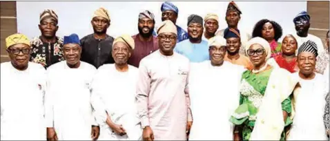  ?? ?? Member, Oyo State Elders Council, Hamid Gbadamosi ( left); Deputy Governor, Bayo Lawal; Chairman of the Council, Dr Saka Balogun; Governor Seyi Makinde; Wole Oyelese; Mutiat Ladoja, Jacob Adetoro and others, during the inaugurati­on of the Council at Executive Chamber, Governor’s Office, Secretaria­t, Ibadan… yesterday.