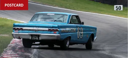  ??  ?? Not your usual racing car, Roger drove his Mercury Comet Cyclone with typical verve during the Donington Historic Festival