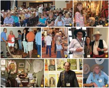  ??  ?? 1. Bidders watch the action during the auction. 2. Brenda Butters in her show booth. 3. Buyers browse Native American weavings at the Cody Old West Show. 4. Guests browse booths during the floor show in Santa Fe. 5. Buckeye Blake, left, with his wife, Tona, and artist Tom Ross.6. Cayuse Western Americana’s booth. 7. Tony Cirone in his booth in Santa Fe. 8. Show vendor Allen Wilkinson.