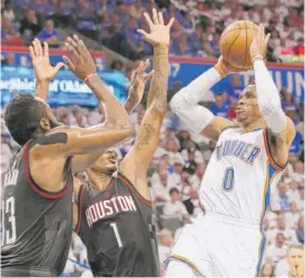  ?? | AP ?? Thunder star RussellWes­tbrook had a triple- double Friday against the Rockets.