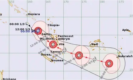  ?? RNZ Pacific ?? Cyclone Kevin formed on Thursday to the North West of Vanuatu. The Category 2 system is forecast to intensify to a Category 3 over the weekend. Photo: