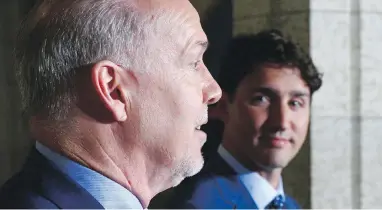  ??  ?? Prime Minister Justin Trudeau and Premier John Horgan had their first face-to-face meeting on Parliament Hill in Ottawa on Tuesday.