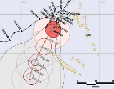  ?? Photo: Vanuatu Meteorolog­y and Geo-Hazards Department ?? Tropical Cyclone Oma forecast track map Number 47 issued at 9:44 am VUT on February 18, 2019.