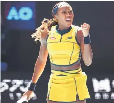  ?? Photo — AFP ?? Gauff celebrates after victory against Dolehide in their women’s singles match on day four of the Australian Open tennis tournament in Melbourne.