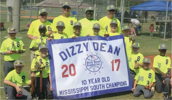  ?? (Photo by Robbie Faulk, SDN) ?? The Starkville 10-year-old All-Stars won the Dizzy Dean South State Tournament in West Point on Sunday. The members of the team are Samuel Buckner, in alphabetic­al order, Jonas Coleman, Walker Hilbun, Luke Johnson, Bailey Kosko, Conner Lewis, Tanner...