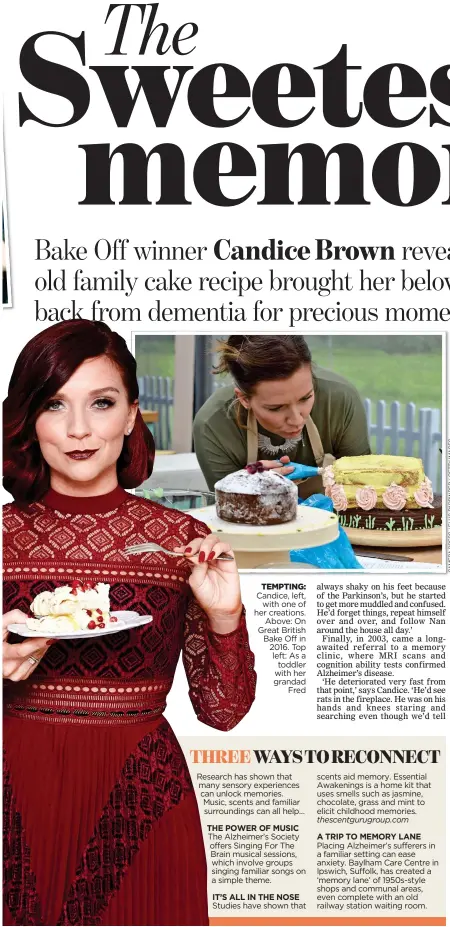  ??  ?? TEMPTING: Candice, left, with one of her creations. Above: On Great British Bake Off in 2016. Top left: As a toddler with her grandad Fred