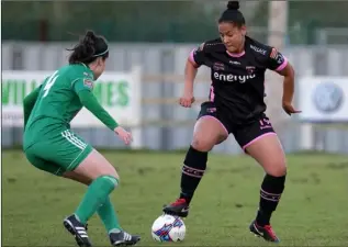  ??  ?? Rianna Jarrett of Wexford Youths in action against Ciara McNamara of Cork City.