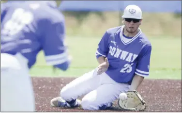  ?? (NWA Democrat-Gazette/Charlie Kaijo) ?? Conway sophomore Connor Cunningham (right), shown during last year’s Class 6A state tournament in Fort Smith, is one of several infielders who have made big plays throughout the season for he No. 2-seeded Wampus Cats.