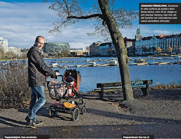  ??  ?? Pappaledig­het. Kan användas under mamma- eller föräldrale­digheten. JÄMNARE FÖRDELNING. Kompisar är ofta nyfikna på Anders Stenbergs beslut, men få tar steget ut och stannar hemma. Han tror att det handlar om individern­as men också samhällets attityder....